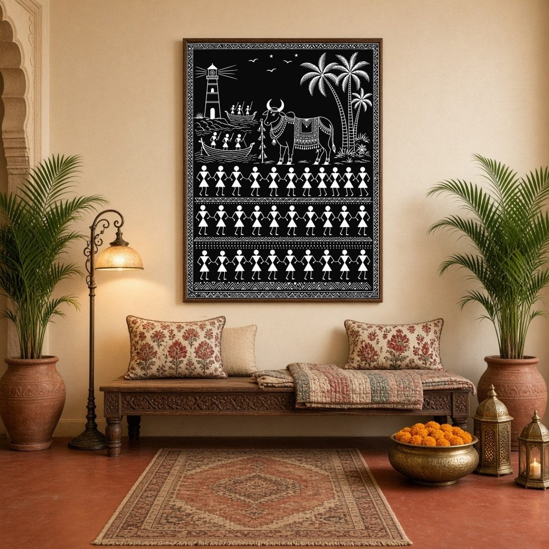 This captivating Warli art piece brings to life the harmonious blend of coastal life and tradition. for Hallway