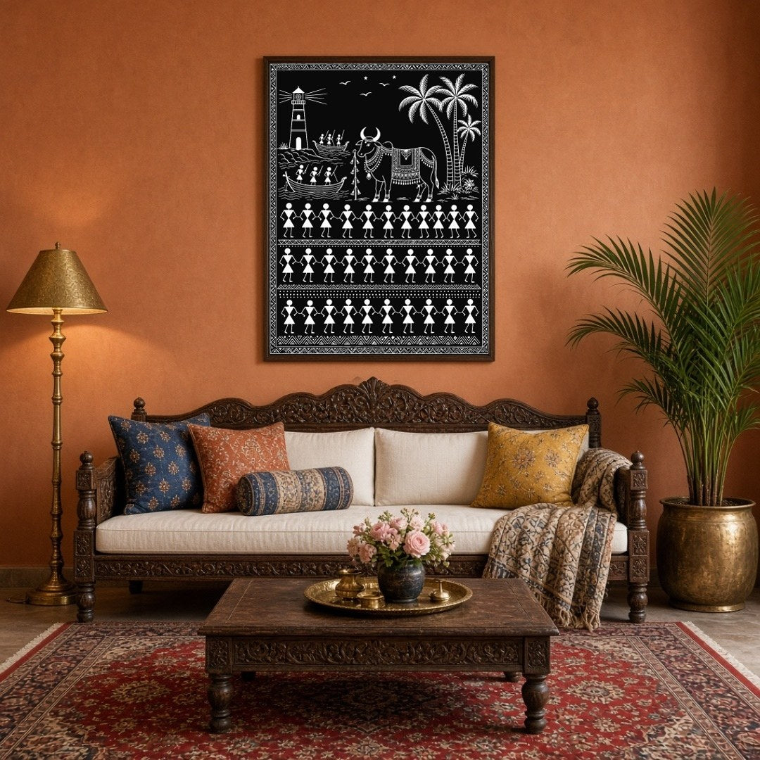 This captivating Warli art piece brings to life the harmonious blend of coastal life and tradition. for Living Room