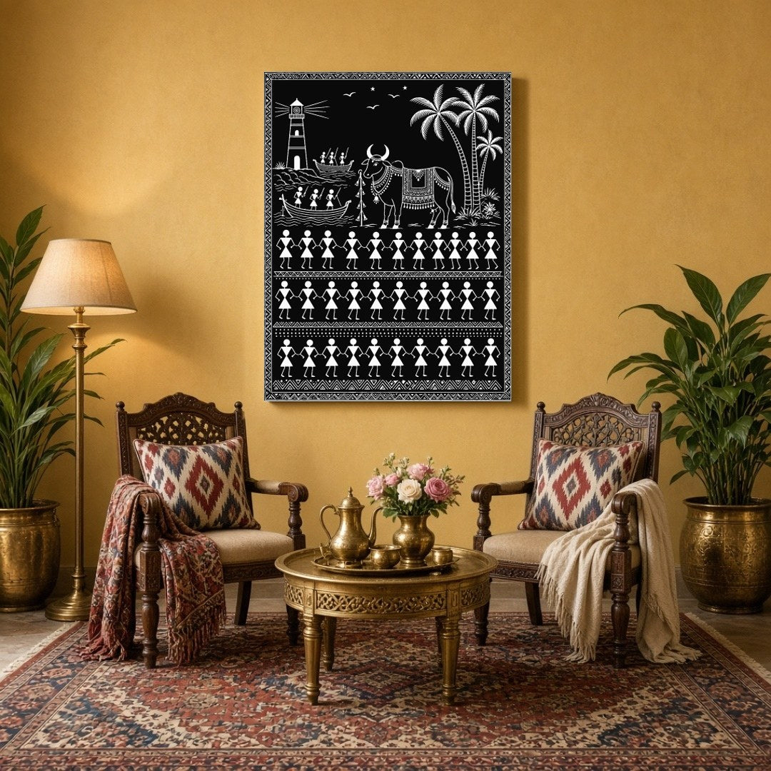 This captivating Warli art piece brings to life the harmonious blend of coastal life and tradition. for Sitting Area
