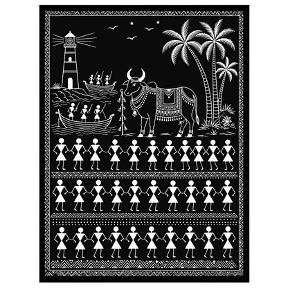 This captivating Warli art piece brings to life the harmonious blend of coastal life and tradition. for space