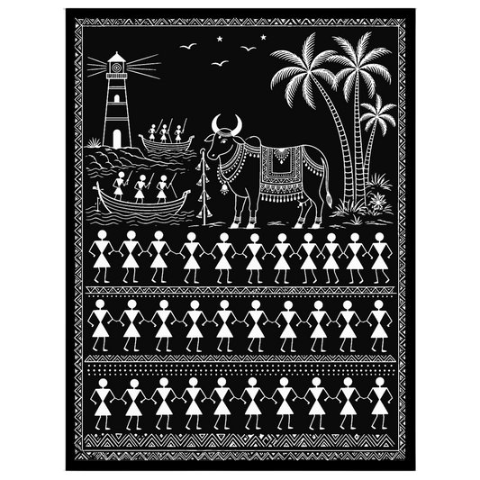 This captivating Warli art piece brings to life the harmonious blend of coastal life and tradition. for space