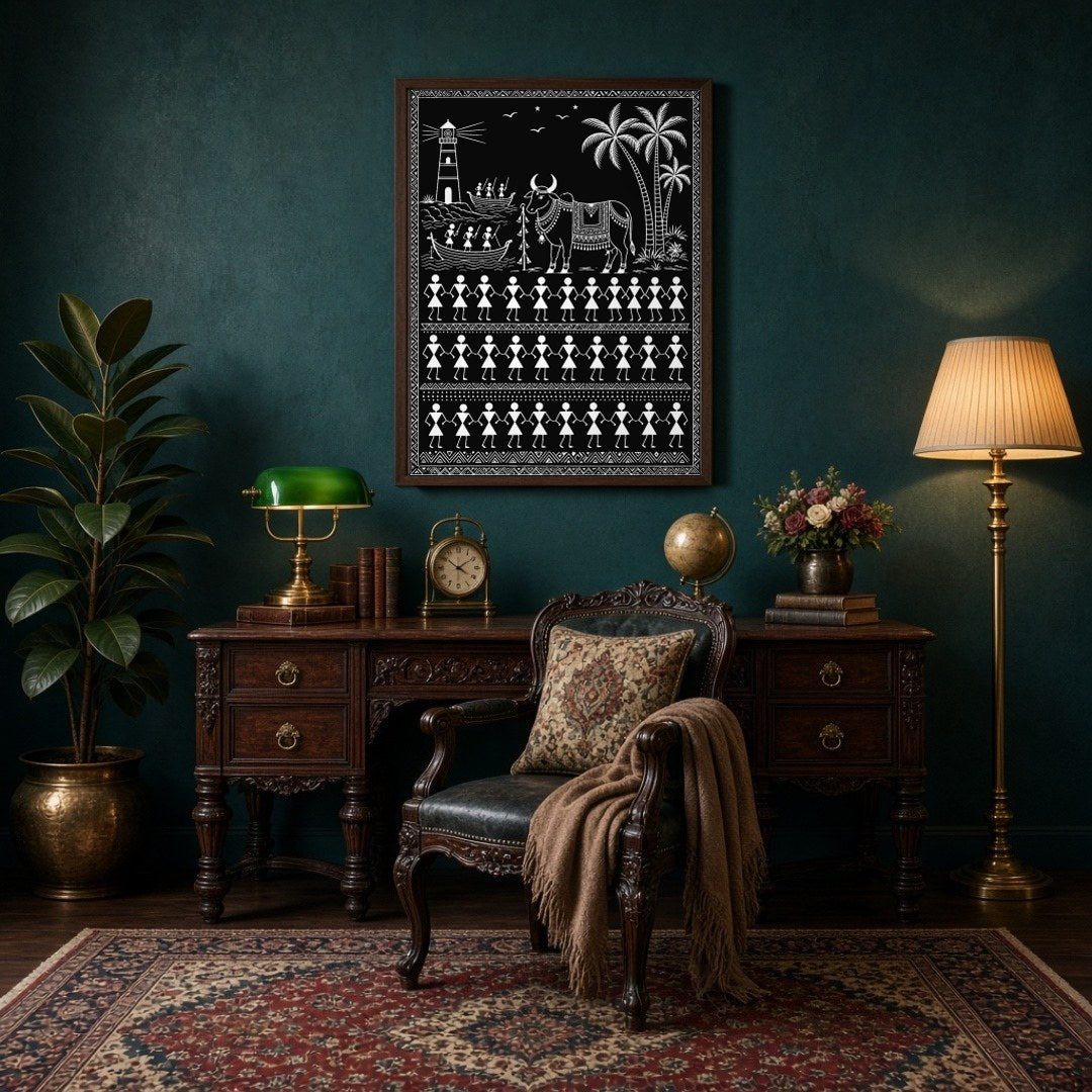 This captivating Warli art piece brings to life the harmonious blend of coastal life and tradition. for Study