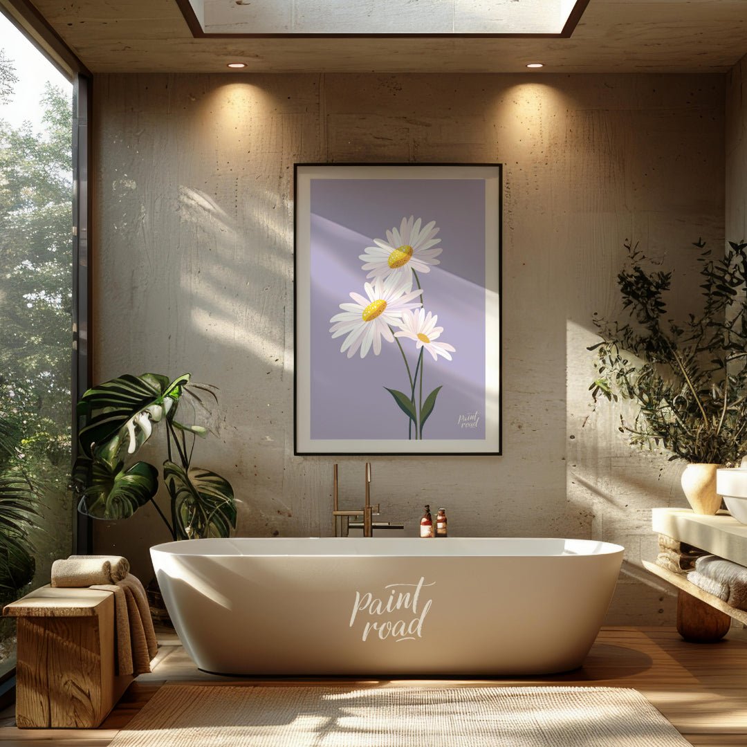 This charming digital illustration features three white daisies with bright yellow centers, set aga… for bathroom