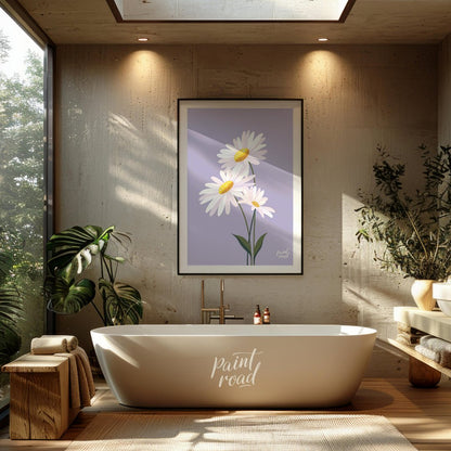 This charming digital illustration features three white daisies with bright yellow centers, set aga… for bathroom