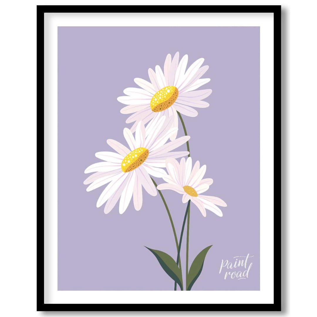 This charming digital illustration features three white daisies with bright yellow centers, set aga… for home