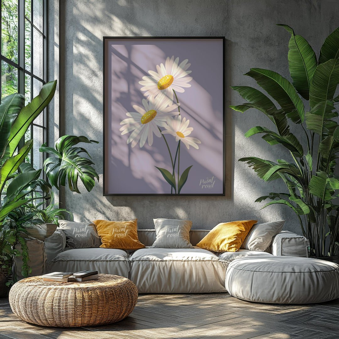 This charming digital illustration features three white daisies with bright yellow centers, set aga… for living room