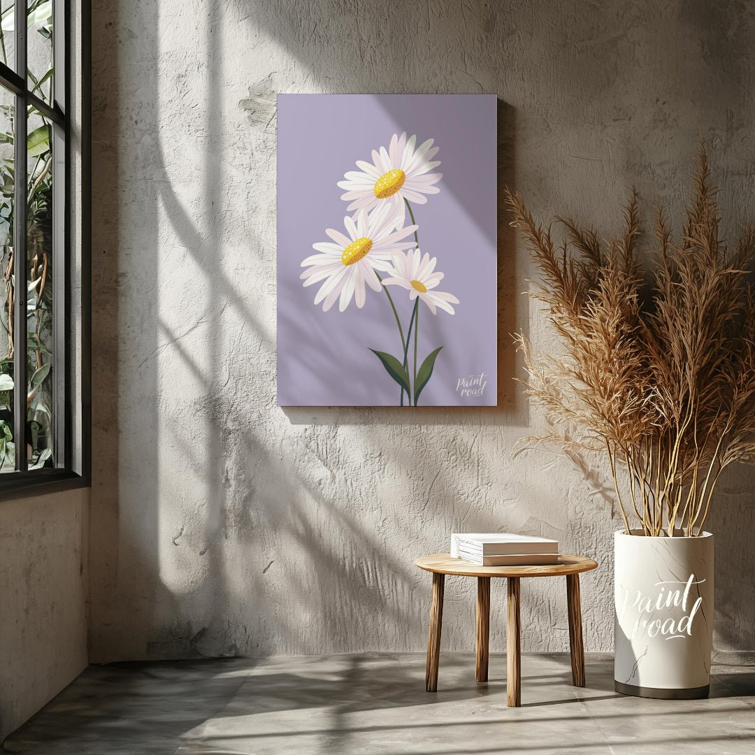 This charming digital illustration features three white daisies with bright yellow centers, set aga… for living room