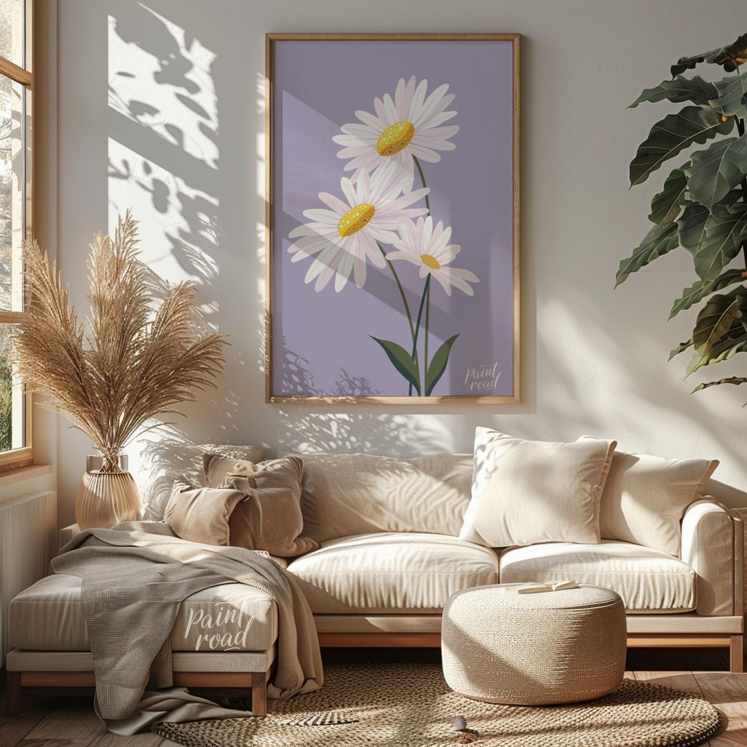 This charming digital illustration features three white daisies with bright yellow centers, set aga… for living room