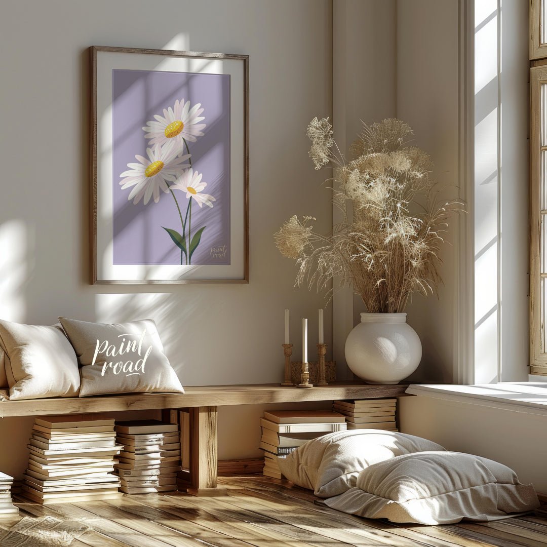 This charming digital illustration features three white daisies with bright yellow centers, set aga… for living room