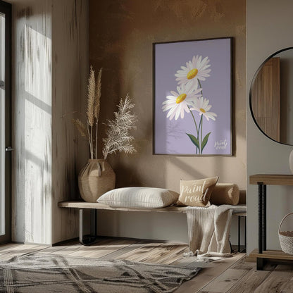 This charming digital illustration features three white daisies with bright yellow centers, set aga… for living room