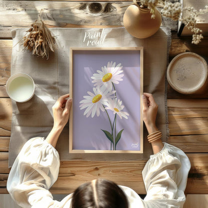 This charming digital illustration features three white daisies with bright yellow centers, set aga… for other