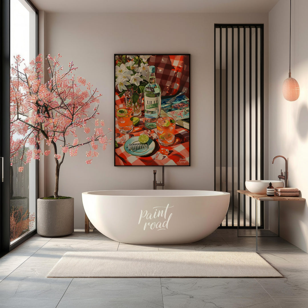 "This vibrant still life captures a table setting with a bottle labeled ""LILLE"" as the centerpiec… for bathroom