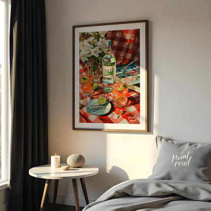 "This vibrant still life captures a table setting with a bottle labeled ""LILLE"" as the centerpiec… for bedroom