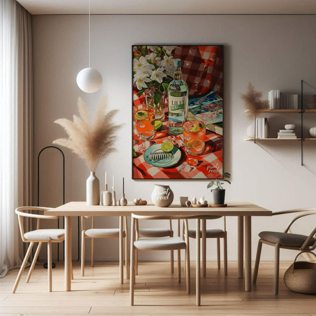 "This vibrant still life captures a table setting with a bottle labeled ""LILLE"" as the centerpiec… for dining room