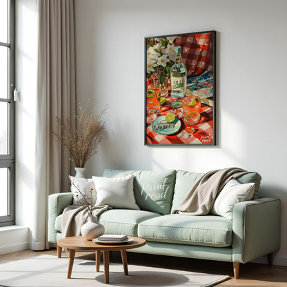 "This vibrant still life captures a table setting with a bottle labeled ""LILLE"" as the centerpiec… for living room