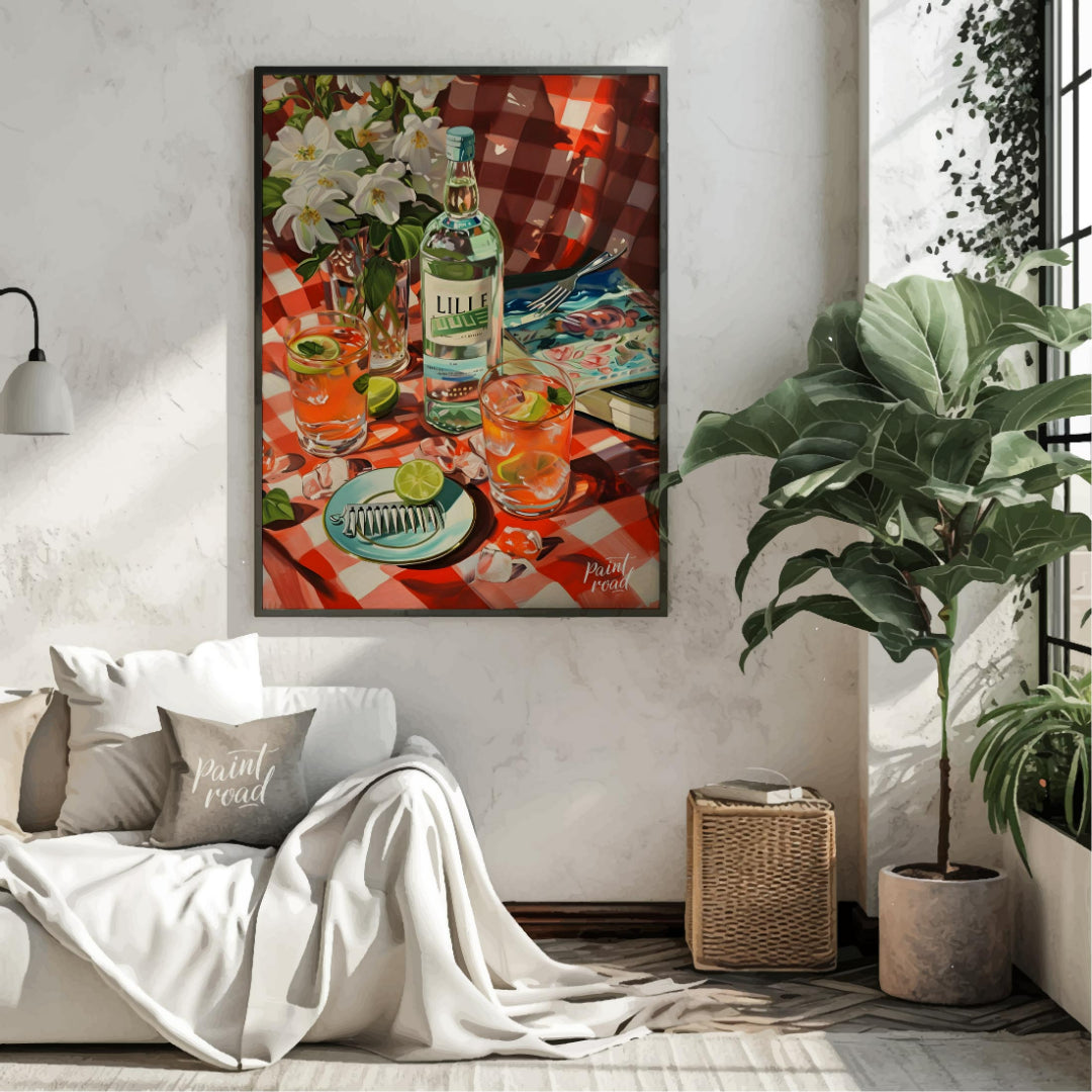 "This vibrant still life captures a table setting with a bottle labeled ""LILLE"" as the centerpiec… for living room