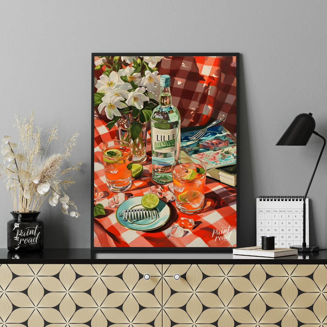 "This vibrant still life captures a table setting with a bottle labeled ""LILLE"" as the centerpiec… for office