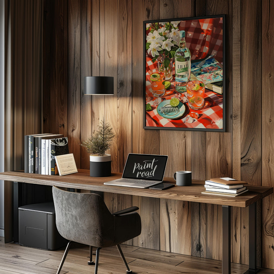 "This vibrant still life captures a table setting with a bottle labeled ""LILLE"" as the centerpiec… for office