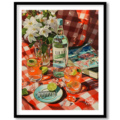"This vibrant still life captures a table setting with a bottle labeled ""LILLE"" as the centerpiec… for sweet home