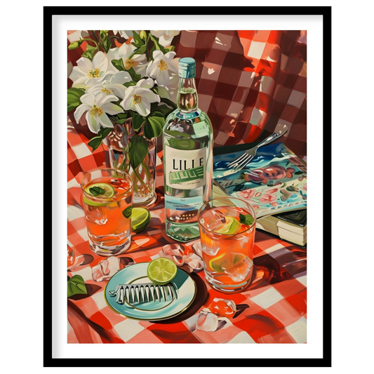 "This vibrant still life captures a table setting with a bottle labeled ""LILLE"" as the centerpiec… for sweet home