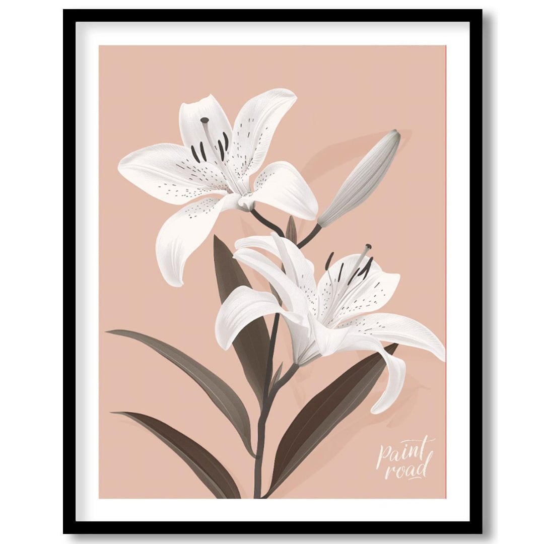 This elegant digital illustration features two white lilies with delicate petals and subtle black a… for abode