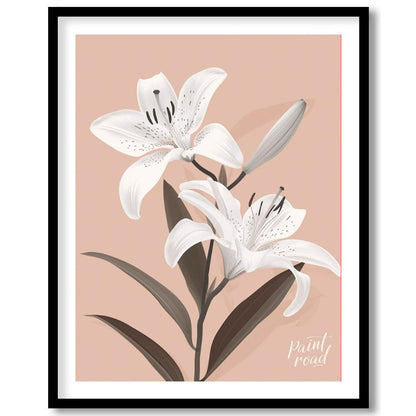This elegant digital illustration features two white lilies with delicate petals and subtle black a… for abode