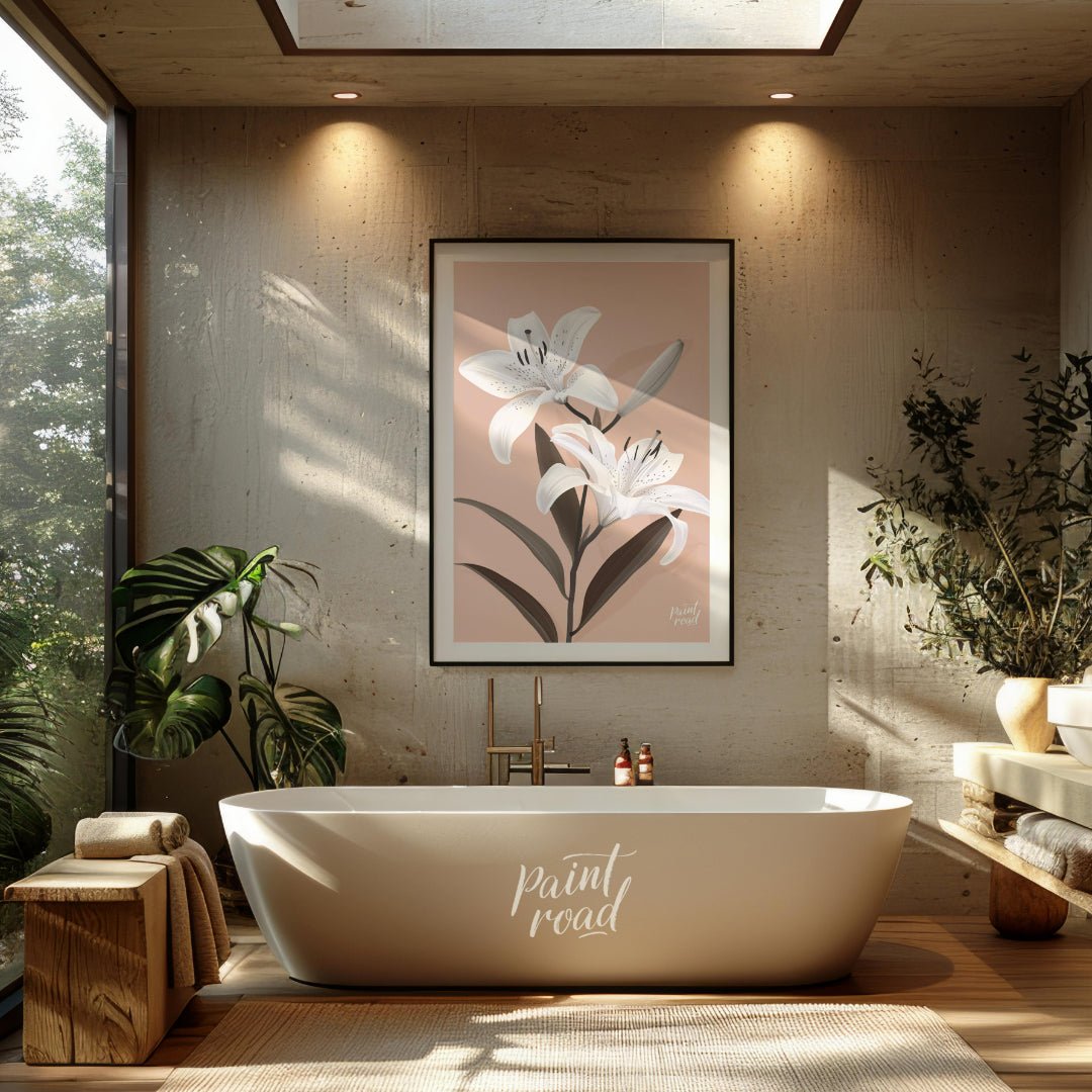 This elegant digital illustration features two white lilies with delicate petals and subtle black a… for bathroom