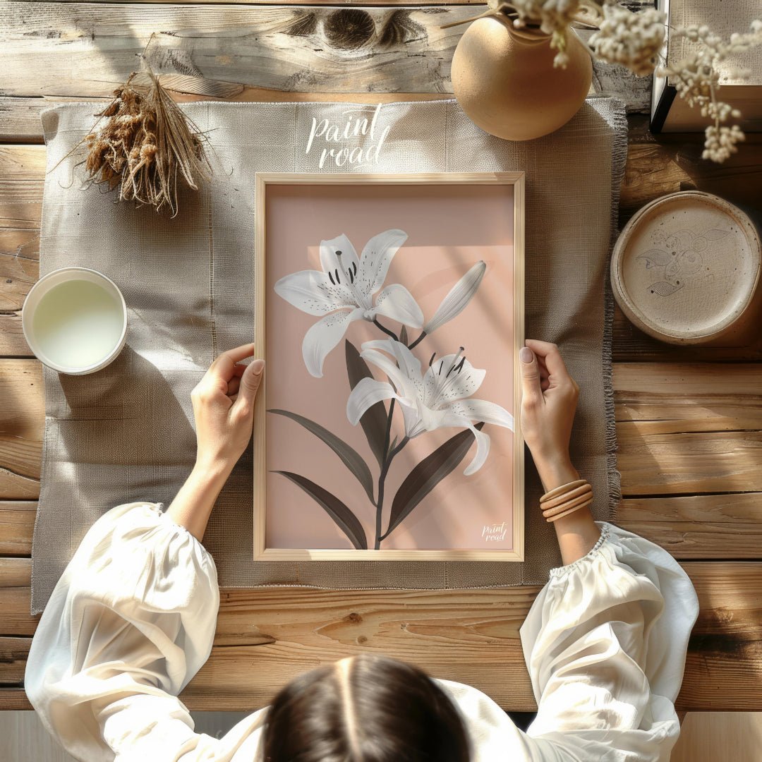 This elegant digital illustration features two white lilies with delicate petals and subtle black a… for dining room