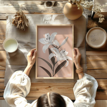 This elegant digital illustration features two white lilies with delicate petals and subtle black a… for dining room