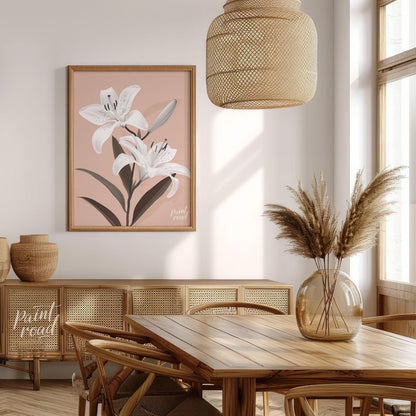 This elegant digital illustration features two white lilies with delicate petals and subtle black a… for dining room