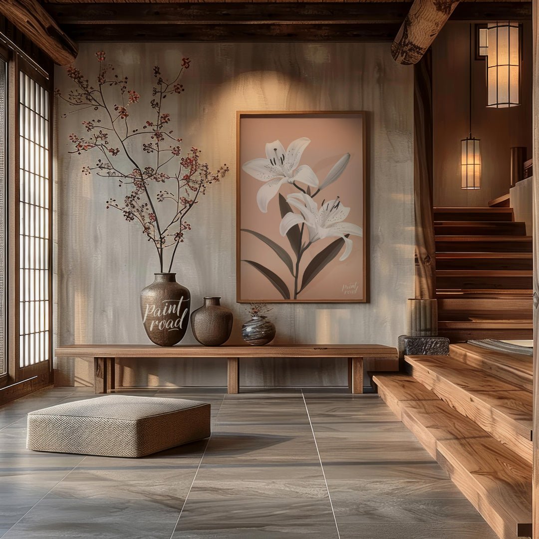 This elegant digital illustration features two white lilies with delicate petals and subtle black a… for entryway