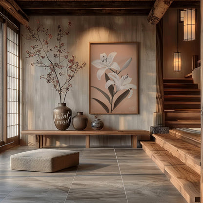 This elegant digital illustration features two white lilies with delicate petals and subtle black a… for entryway