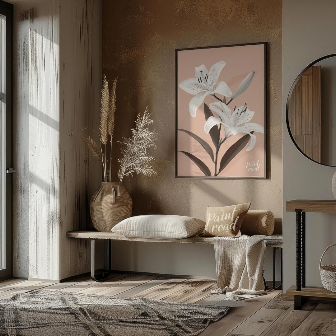 This elegant digital illustration features two white lilies with delicate petals and subtle black a… for entryway