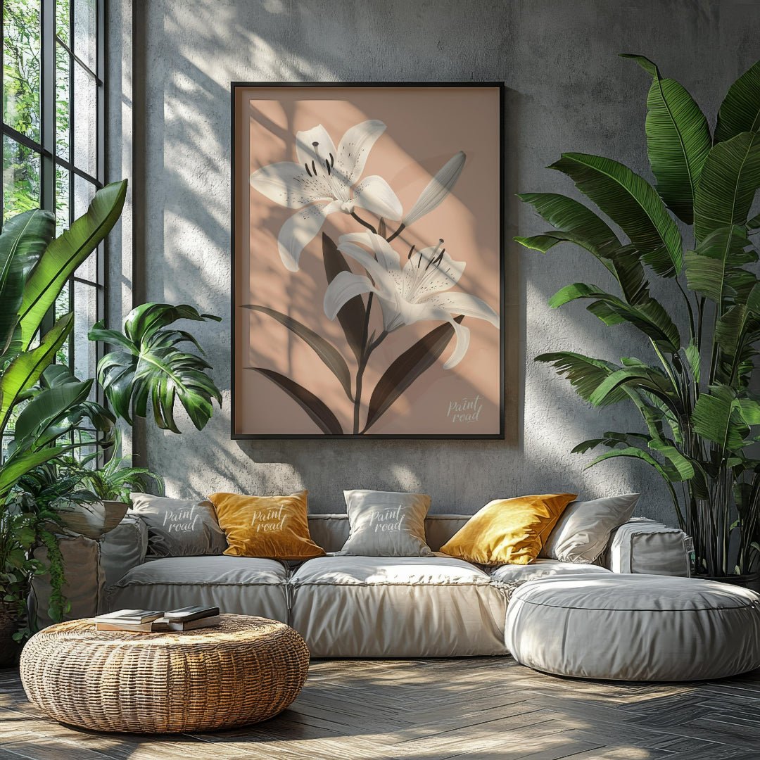 This elegant digital illustration features two white lilies with delicate petals and subtle black a… for living room