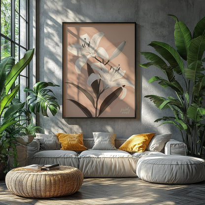 This elegant digital illustration features two white lilies with delicate petals and subtle black a… for living room