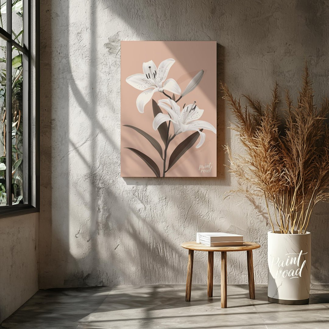 This elegant digital illustration features two white lilies with delicate petals and subtle black a… for living room