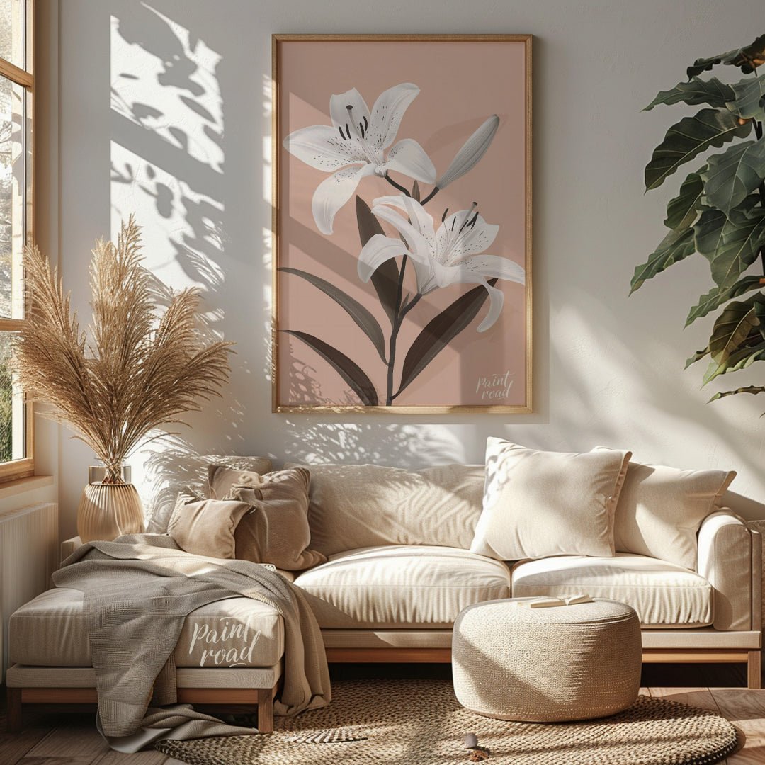 This elegant digital illustration features two white lilies with delicate petals and subtle black a… for living room