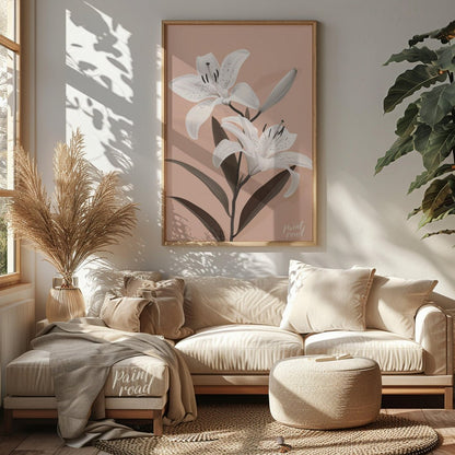 This elegant digital illustration features two white lilies with delicate petals and subtle black a… for living room