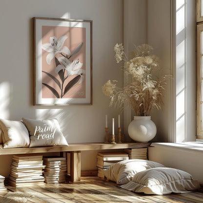 This elegant digital illustration features two white lilies with delicate petals and subtle black a… for living room