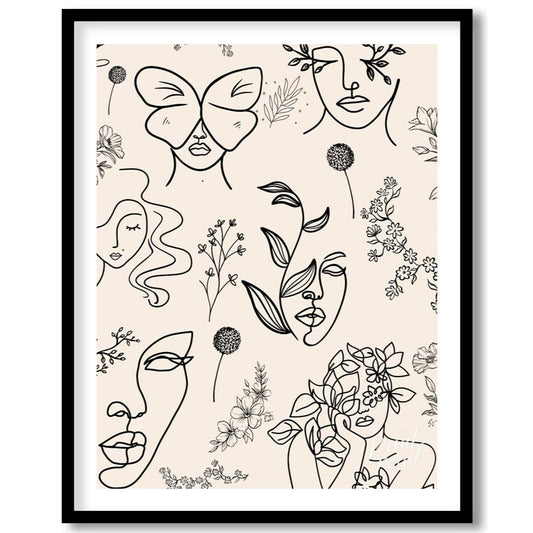 This elegant and minimalist art print features a collection of abstract female faces rendered in de… for place