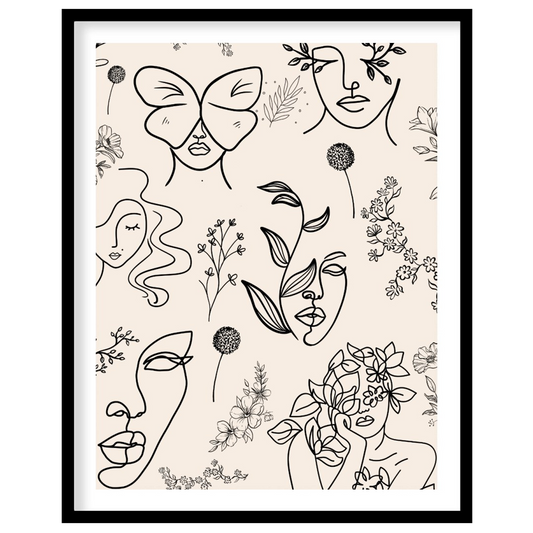 This elegant and minimalist art print features a collection of abstract female faces rendered in de… for place