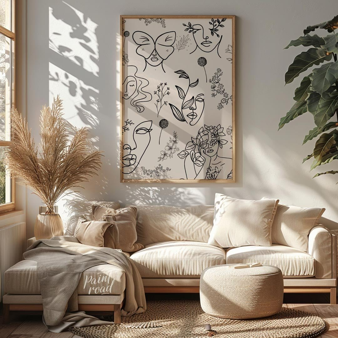 Line Art Faces Flora Painting available online at Paintroad showing abstract faces art print and artistic