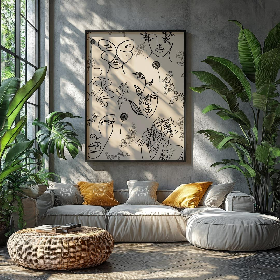 Line Art Faces Flora Painting available online at Paintroad showing abstract faces art print and artistic