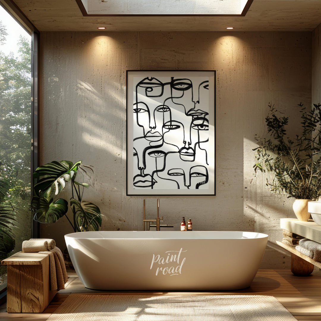 """Lineage of Faces"" presents a captivating array of stylized visages rendered in bold, continuous… for bathroom