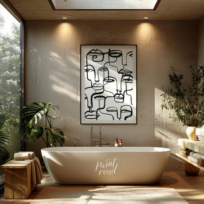"""Lineage of Faces"" presents a captivating array of stylized visages rendered in bold, continuous… for bathroom