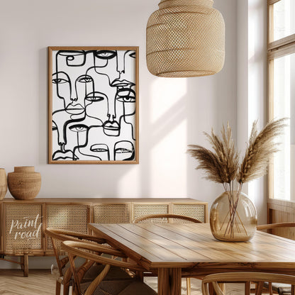 """Lineage of Faces"" presents a captivating array of stylized visages rendered in bold, continuous… for dining room