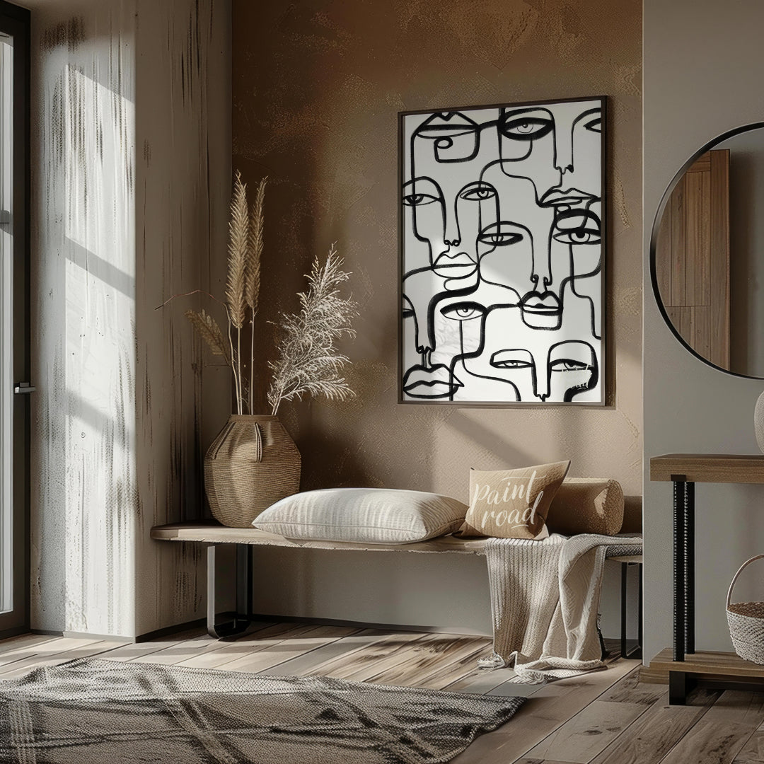 """Lineage of Faces"" presents a captivating array of stylized visages rendered in bold, continuous… for entryway