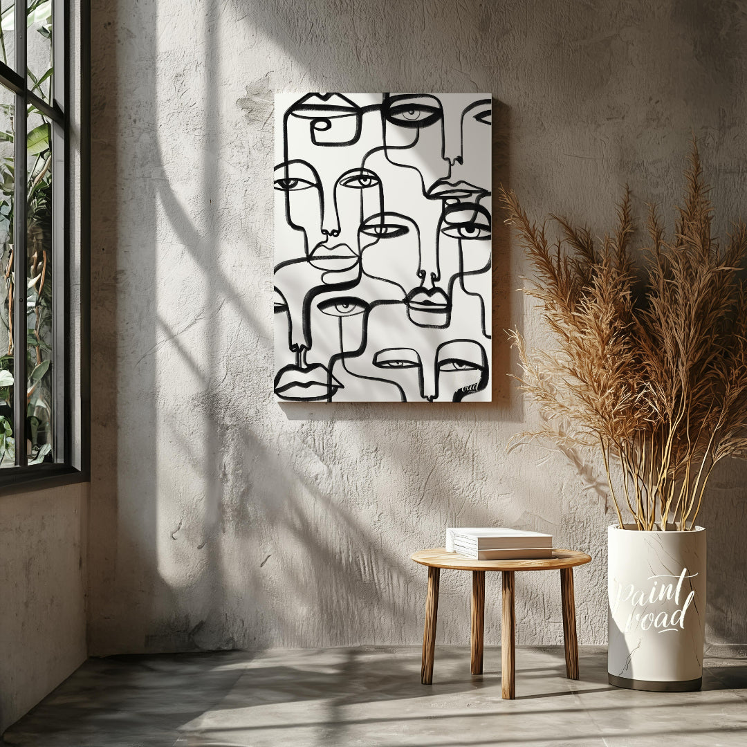 """Lineage of Faces"" presents a captivating array of stylized visages rendered in bold, continuous… for living room