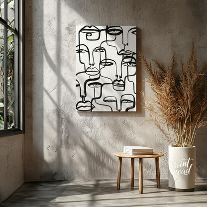 """Lineage of Faces"" presents a captivating array of stylized visages rendered in bold, continuous… for living room