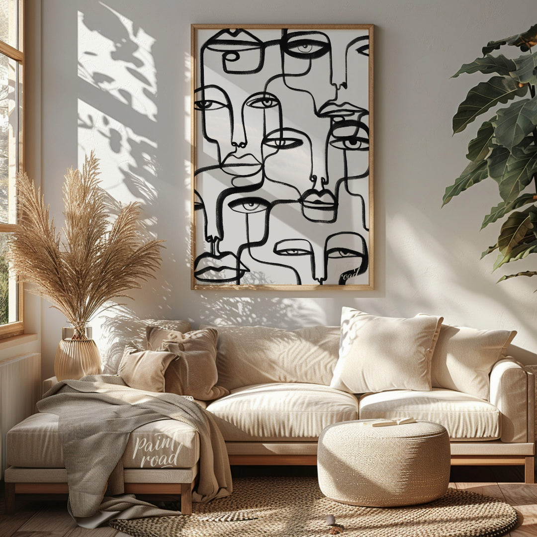 """Lineage of Faces"" presents a captivating array of stylized visages rendered in bold, continuous… for living room